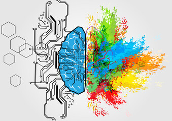 abstract vector brain left and right with circuit and splash color for human concept. Creative and logic for brain concept background. illustration vector design - obrazy, fototapety, plakaty