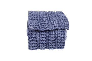 blue knitted wool scarf rolled up isolated on white background