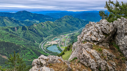 Scenic view from summit of mount Roethelstein near Mixnitz in Styria, Austria. Landscape of green...