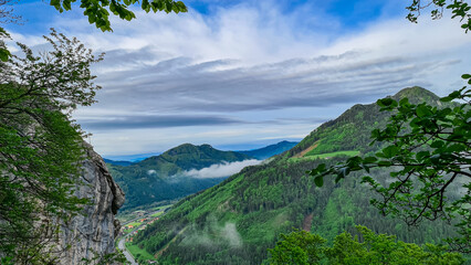 Massive rock formation and a scenic view from below mount Roethelstein near Mixnitz in Styria,...