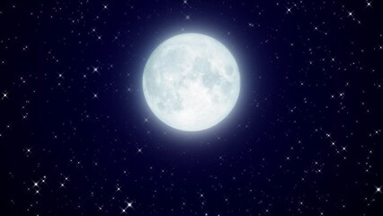 full moon and starry night animation,glowing and shiny stars and big moon,space and galaxy,dark night sky