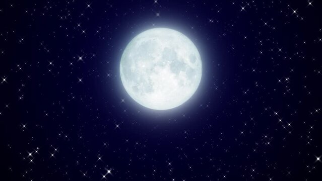 full moon and starry night animation,glowing and shiny stars and big moon,space and galaxy,dark night sky