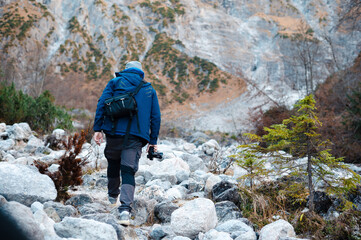 Back view of man walking up at Berchtesgaden national park