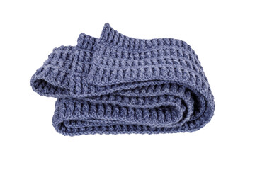 blue knitted wool scarf rolled up isolated on white background