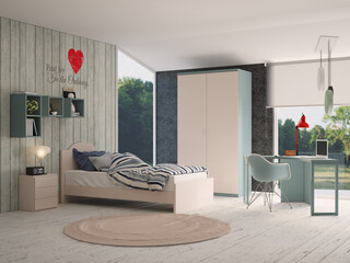 Render 3d. Youth room with large windows with natural lighting. Mix of textures. heart shaped vinyl on wood laminate wall. round carpet
