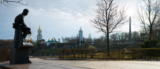 February 19, 2022. Kyiv, Ukraine. Monument to Bykov and Soviet soldiers pilots against the backdrop...