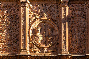 Beautiful view of detail of decoration of famous facade of University of Salamanca, the oldest university in Spain, Castilla y Leon region. Plateresque architecture