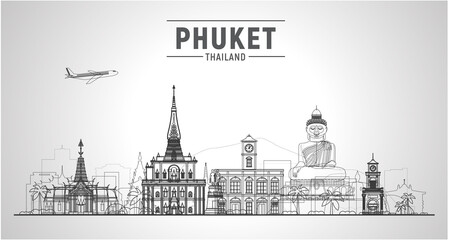 Phuket ( Thailand ) line skyline with panorama in white background. Vector Illustration. Business travel and tourism concept with modern buildings. - obrazy, fototapety, plakaty