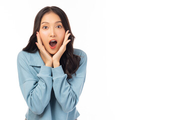 Girl get surprised look at camera Surprised happy beautiful asian woman open mouth with exciting...