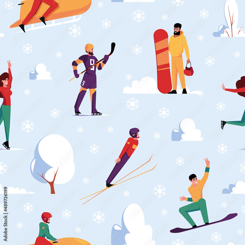 Wall mural winter sport pattern. snowboarding skiing garish vector seamless background