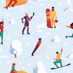 Winter sport pattern. Snowboarding skiing garish vector seamless background