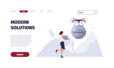 Business landing. Concept picture of team in mountain pulling big round heavy stone garish vector web page template with place for text