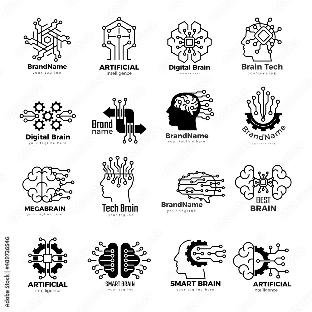 Wall mural smart brain logo. intelligence mains dots digitize symbols robot and computer network structure rece
