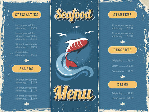 Seafood restaurant menu. Print templates with stylized pictures of underwater life with fishes and waves corporate design recent vector illiustration with place for text