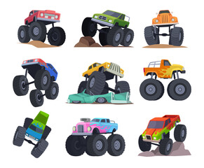 Monster trucks. Sport colored transport with big aggressive heavy wheels exact vector racing cars pictures set © ONYXprj