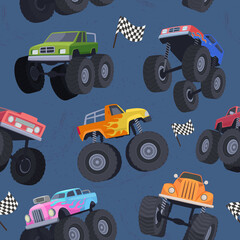 Monster truck pattern. Textile template illustrations with big wheel cars exact vector seamless background © ONYXprj
