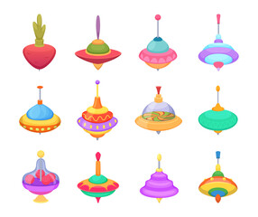 Top toys. Spinning colored games to kids exact vector illustration in cartoon style