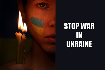 Stop the war in Ukraine text and a girl with a candle in her hands and the flag of Ukraine, War in...