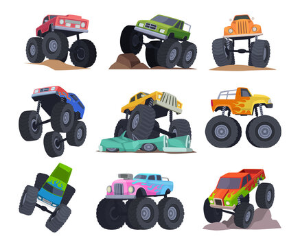 Monster trucks. Sport colored transport with big aggressive heavy wheels exact vector racing cars pictures set