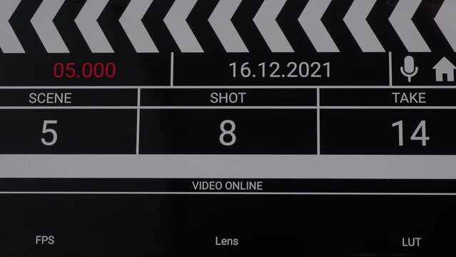 Digital Film slate. Movie clapper board interface. Digital number running and counting before shooting movie or filming. clapperboard for video recording and vdo production. Film industry tools.