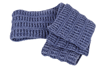 intricate blue knitted wool scarf isolated on white background