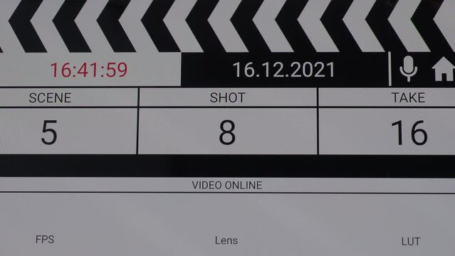 Digital Film slate. Movie clapper board interface. Digital number running and counting before shooting movie or filming. clapperboard for video recording and vdo production. Film industry tools.