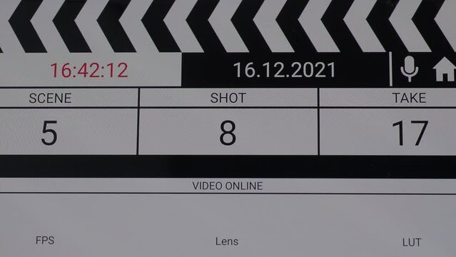 Digital Film slate. Movie clapper board interface. Digital number running and counting before shooting movie or filming. clapperboard for video recording and vdo production. Film industry tools.