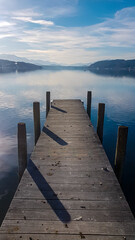 A wooden pier going into the Woerthersee in Poertschach in Carinthia, Austria. The calm surface of the lake is reflecting the mountains, sunbeams and clouds. Clear and sunny day. Alps, Lake Woerth