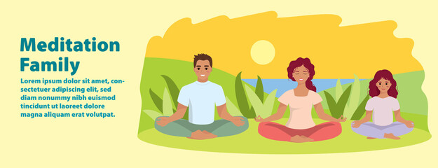 A family meditates in nature and leaves and the sunset. Conceptual illustration for yoga, meditation, relaxation, relaxation, healthy lifestyle. Vector illustration in the style of a flat cartoon