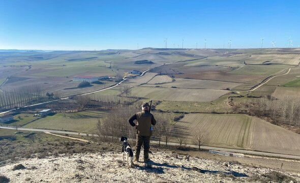 man with a shotgun and a dog hunting in the field