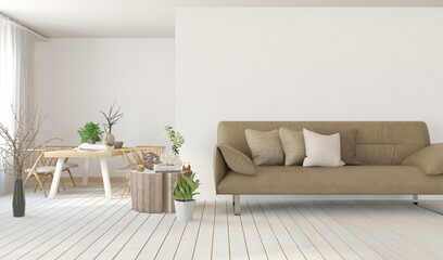 White living room with sofa. Scandinavian interior design. 3D illustration