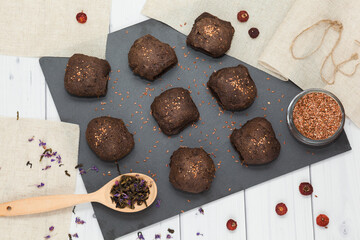 Homemade dietary linen bread buns top flat view