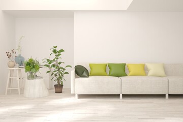 White living room with sofa. Scandinavian interior design. 3D illustration