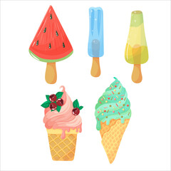 Fruit and berry ice cream. Ice cream in a waffle cup. Fruit ice on a stick. Vector illustration isolated on white background.