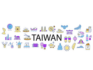 Fototapeta na wymiar Taiwan culture ribbon. Cover for textile. Taiwanese items. Color flat icons. Vector stock illustration