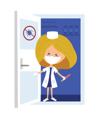 Woman doctor stands with a syringe. The nurse invites you to get vaccinated against coronovirus. Vector illustration.
