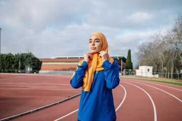 Arab woman adjusting hijab during running training