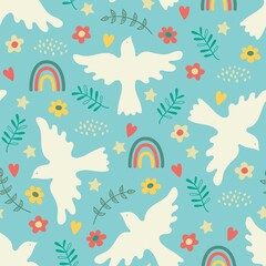 Seamless pattern with dove of peace, blossom, rainbow and hearts. Boho style. Vector illustration.