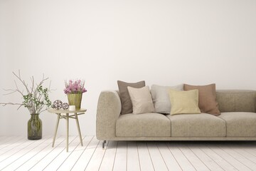 Naklejka premium Modern living room in white color with sofa. Scandinavian interior design. 3D illustration