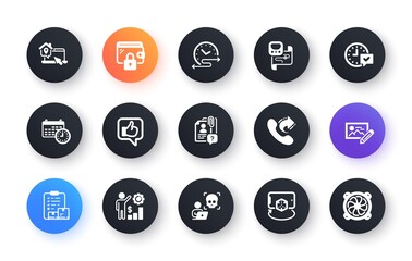 Minimal set of Employees wealth, Search employee and Share call flat icons for web development. Work home, Cyber attack, Select alarm icons. Augmented reality, Metro map, Calendar web elements. Vector