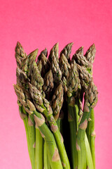 a bunch of green raw asparagus on a pink background.  Spring.  healthy food