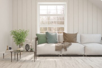 Fototapeta premium White living room with sofa and winter landscape in window. Scandinavian interior design. 3D illustration