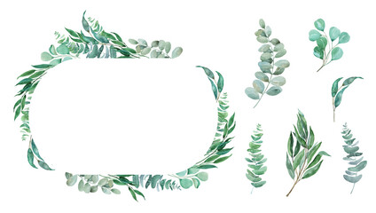 Watercolor greenery eucalyptus leaves border, frame, garland. Boho foliage floral bouquet. Botanical nature design isolated on white. Bohemian style wedding invitation, greeting, card, template © TanyaOak