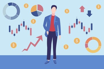 Trader analyzes financial charts. A man in a business suit in full growth. Business report analysis. Business concept vector illustration.