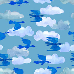 Fototapeta na wymiar Seamless background from watercolor drawings of various light clouds and blue birds flying in sky