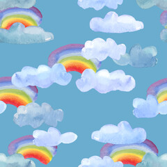 Seamless background from watercolor drawings of various light clouds and colorful bright rainbows in blue sky