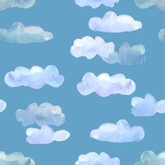 Seamless background from waercolor drawings of various light clouds in blue sky