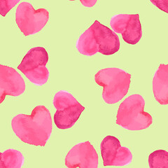 Seamless background from watercolor drawings of abstract pink heart shapes