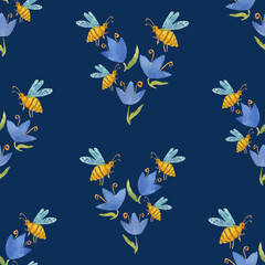 Seamless background from watercolor drawings of blue decorative flowers and cartoon flying bees