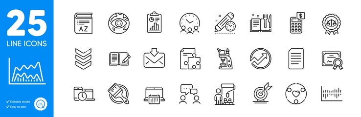Outline icons set. Time management, Certificate and Cyber attack icons. Document, Meeting time, Justice scales web elements. Calculator, Project deadline, Recipe book signs. Vocabulary. Vector